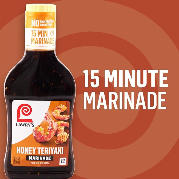 LAWRY’S MARINADE, HONEY TERIYAKI, 15 MINUTE MARINADE, NO HIGH FRUCTOSE CORN SYRUP, MADE WITH HONEY, SOY SAUCE, AND GARLIC, GREAT WITH CHICKEN, SHRIMP, SALMON, AND VEGETABLES, 12 FL OZ