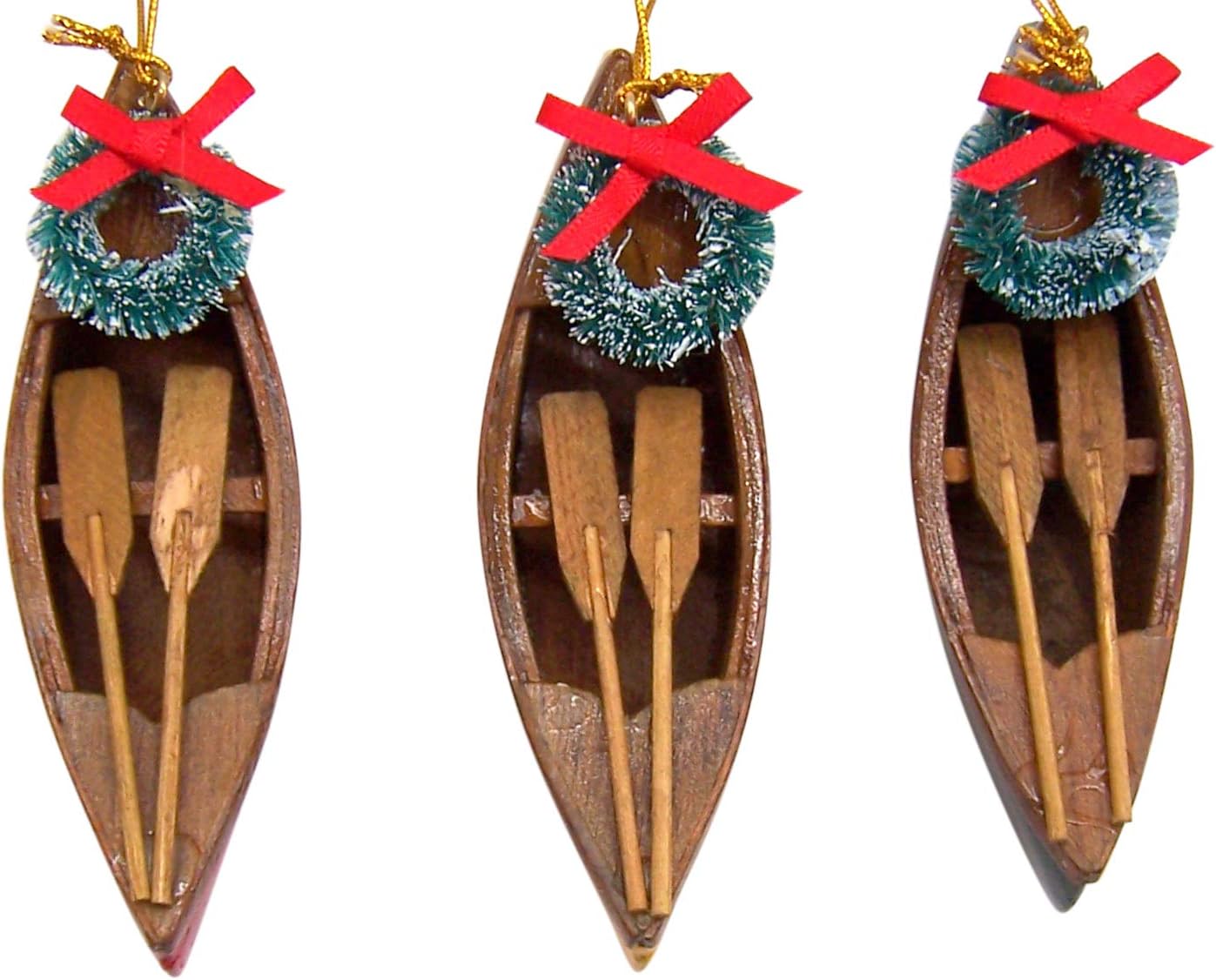 Hand Painted Wooden Canoe Christmas Ornaments with Wreath and Paddles