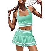Panadila Women 2 Piece Tennis Skirt Sets Athletic Sets Halter Sports Bra and Mini Skort Pickleball Outfits