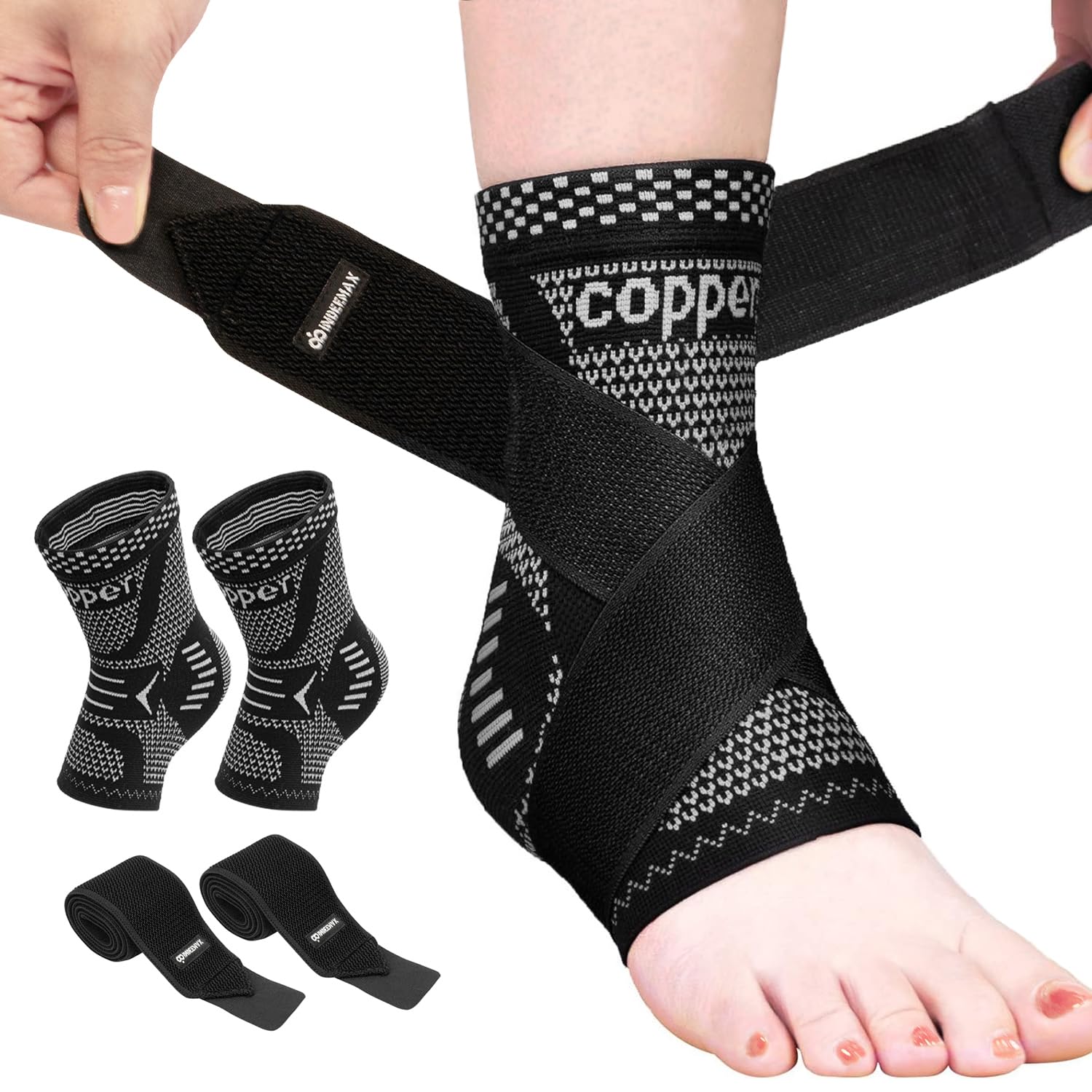 Photo 1 of INDEEMAX Ankle Brace for Women & Men, Ankle Compression Sleeve Support Copper Infused Ankle Brace for Sprained Ankle, Plantar Fasciitis Sports, Achilles Tendonitis Pain Relief, Silver Black, M