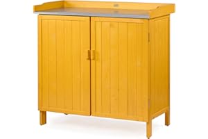 HABAU Outdoor Storage Cabinet with Potting Bench & Metal Tabletop, Wooden Planting Workstation for Garden Patio, Weatherproof