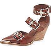 MAVMAX Buckle Shoes for Women Thick Closed Pointed Toe Heels Chunky High Heel Pumps Strappy Heels Western Sandals for Women Tan