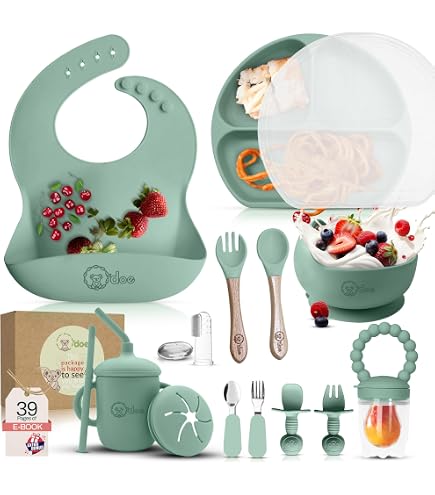 Remonda 23-Piece BPA-Free Silicone Baby Feeding Set - Suction Plates, Bowls, Spoons, Teethers, BLW E-Book (Green)