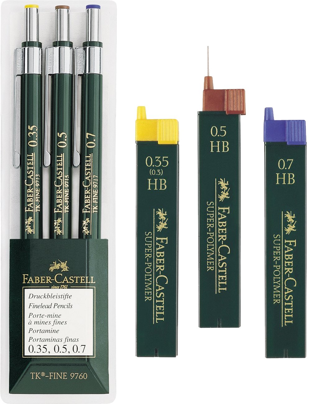 Faber-Castell TK-FINE 9760 136030 Set of 3 Mechanical Pencils Lead Thickness: 0.35 mm; 0.5 mm with 0.7 mm; barrel colour: green. Eco Bundle HB
