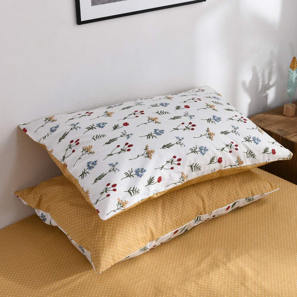 Fresh Flower Pillowcases Set Cotton Floral Pillow Covers Soft Kids Girls Teens Pillow Shams Reversible Yellow Dots Standard Queen Decorative Pillowcases Set, Envelope Closure, (2 Pieces, 20"×26")