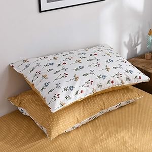 Fresh Flower Pillowcases Set Cotton Floral Pillow Covers Soft Kids Girls Teens Pillow Shams Reversible Yellow Dots Standard Queen Decorative Pillowcases Set, Envelope Closure, (2 Pieces, 20"×26")