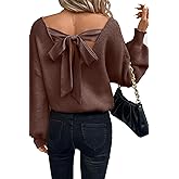 Womens Bow Back Sweater Sexy Off The Shoulder Pullover Sweaters Oversized Long Sleeve V Neck Knit Tops