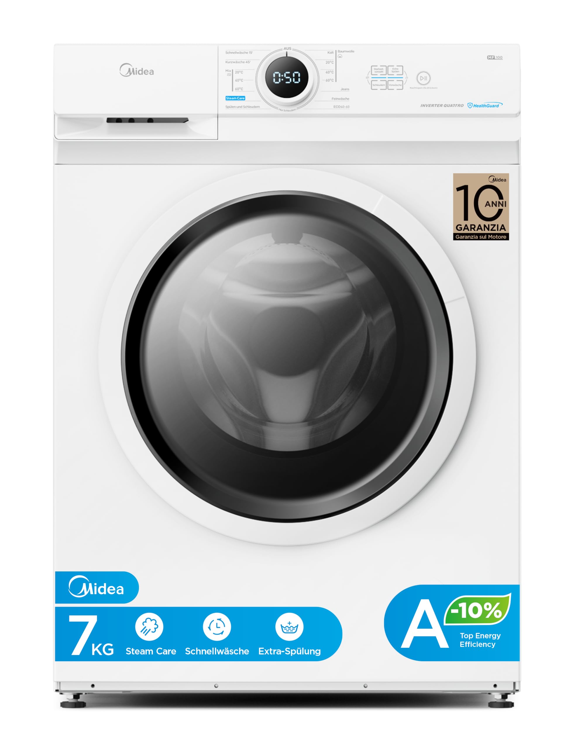 Midea MF10EW70BA10 Waschmaschine / 7kg / 1400 U/Min/EEK A-10%/Inverter Quattro Motor/Dampffunktion/Grosse Trommel/Nachlegefunktion/Kindersicherung/AquaStop, Weiß