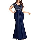 MISSMAY Women's Plus Size Double V Neck Sequin Lace Contrast Ruched Bodycon Mermaid Hem Formal Maxi Dress