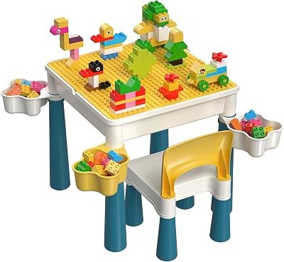 burgkidz 5 in 1 Kids Activity Table and Chair Set with 130 Large Building Blocks