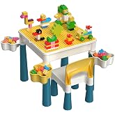 burgkidz Plastic Building Table Set: 1 Chair 135 Blocks 4 Bin Macaron | Leakproof top sand/water. Sturdy ABS, smooth edges. 4 storage bins (1/leg) &amp; 128 bricks. Ideal 3+ yrs. Great gift