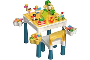 burgkidz Kids 5-in-1 Multi Activity Table Set - Building Block Table with Storage - Play Table Includes 1 Chair and 130 Pieces Compatible Large Bricks Building Blocks for Ages 2 and Up (Macaron)