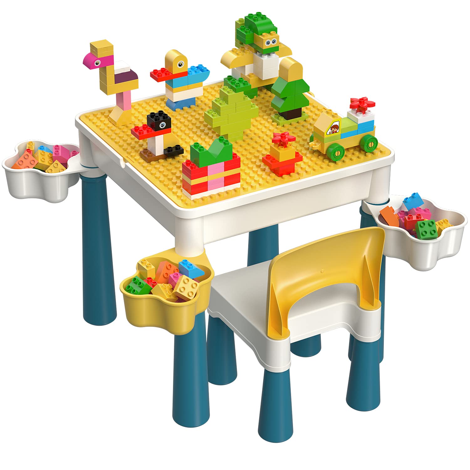 burgkidz Kids Building Blocks Table and Chair Set, Multi-Activity Table with 1 Chair and 130 Pieces Large Building Blocks, Creativity Bricks Compatible Construction Toys for Boys and Girls