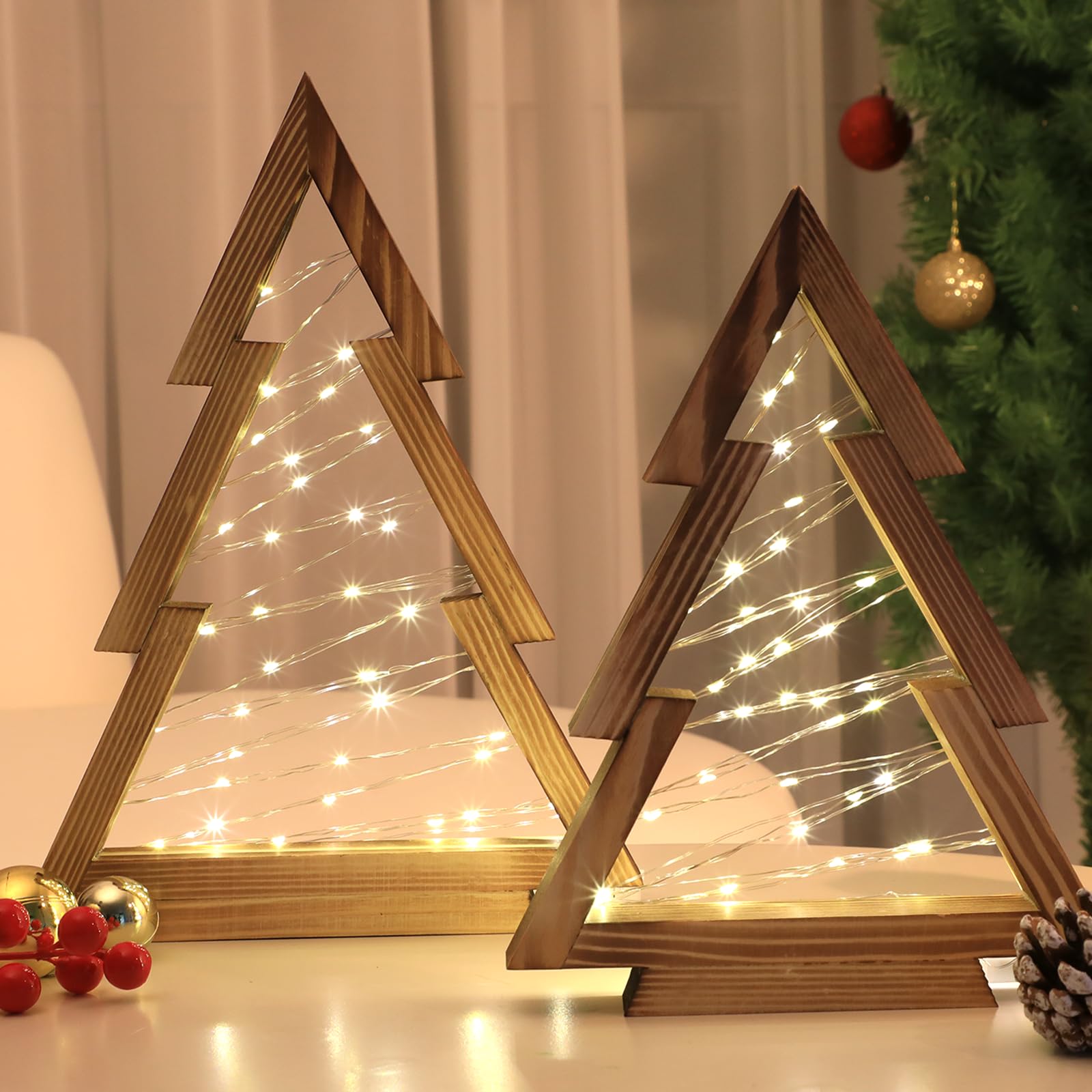 Photo 1 of 2 Pcs Wood Christmas Tabletop with Lights Christmas Tree Table Centerpiece Xmas Tree Modern Farmhouse Christmas Sign Table Decorations for Table Fireplace Mantle Office Dining (Tree)