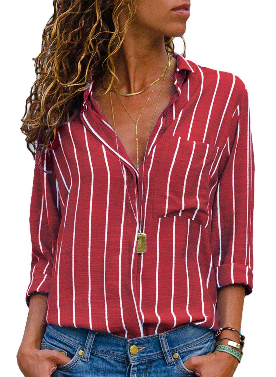 Women's Stripes Button Down Shirts Roll-up Sleeve Tops V Neck Casual Work Blouses