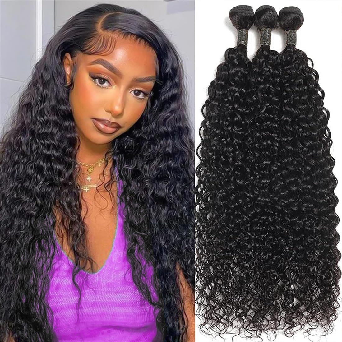 Photo 1 of ZHENLISI Water Wave Human Hair Bundle 10A Unprocessed Virgin Hair Water Wave 3 Bundles Human Hair Brazilian Hair Weft Natural Color 24 26 28 inch