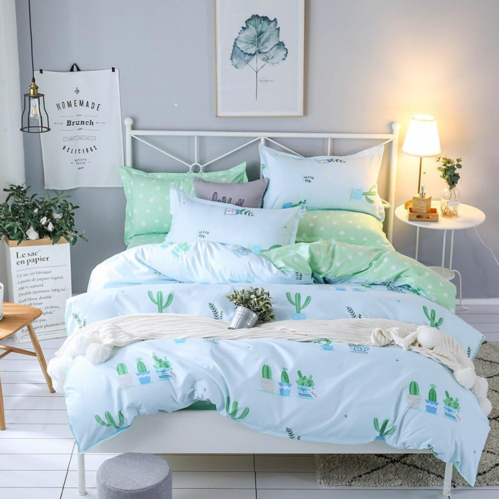 LuDan 3pcs Fleshy Print Bedding Sheet Set One Duvet Cover Without Comforter Two Pillowcases Beddingset Twin Full Queen King Size Cactus Design (Green, Twin)