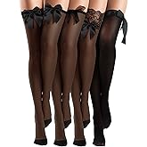 Bencailor 4 Pairs Fishnet Thigh High Stocking Silicone Lace Top Sheer Over Knee Stocking Silky Stockings for Women(Medium,Bow Lace,Deep Black)