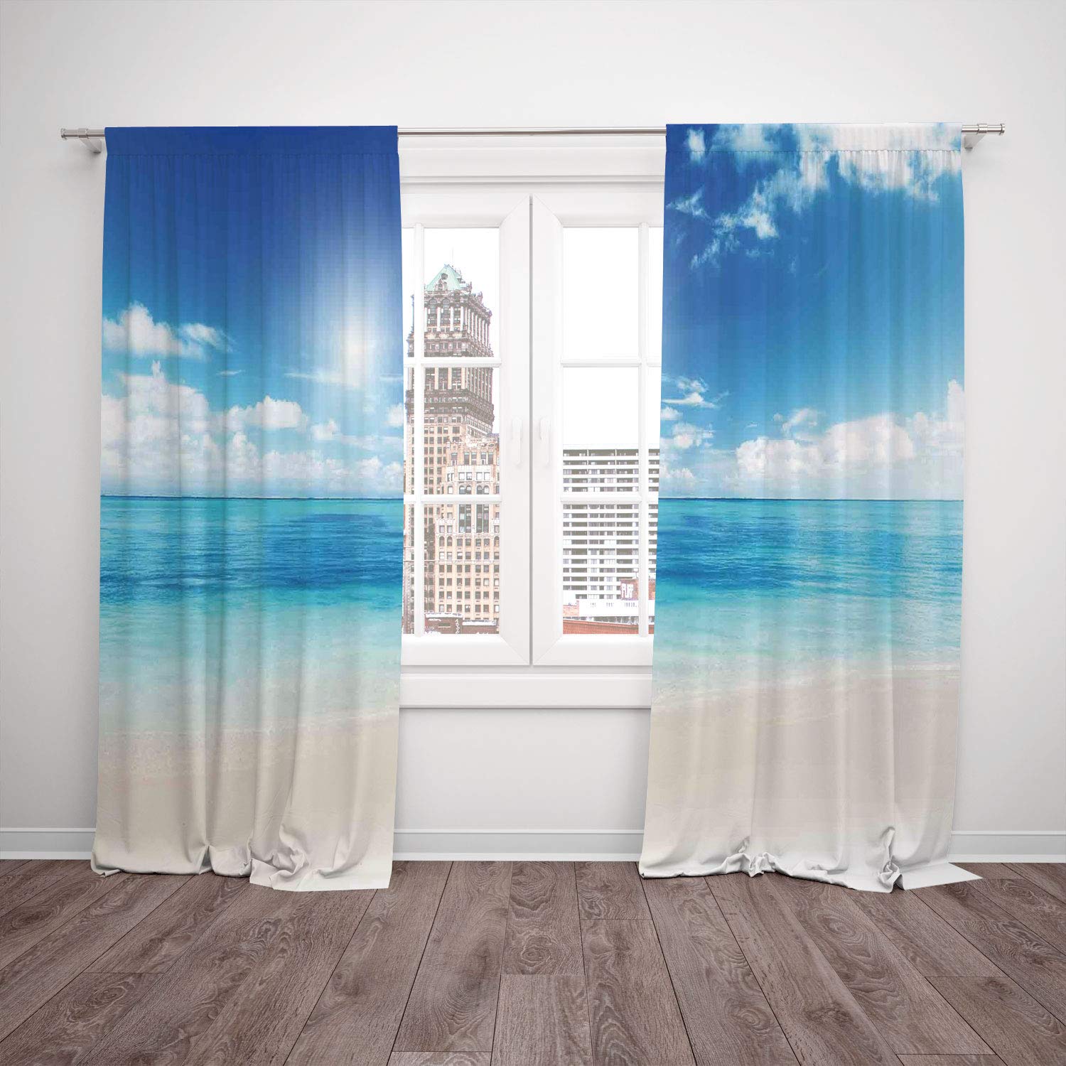 2 Panel Set Window Drapes Kitchen Curtains Ocean Golden Beach View