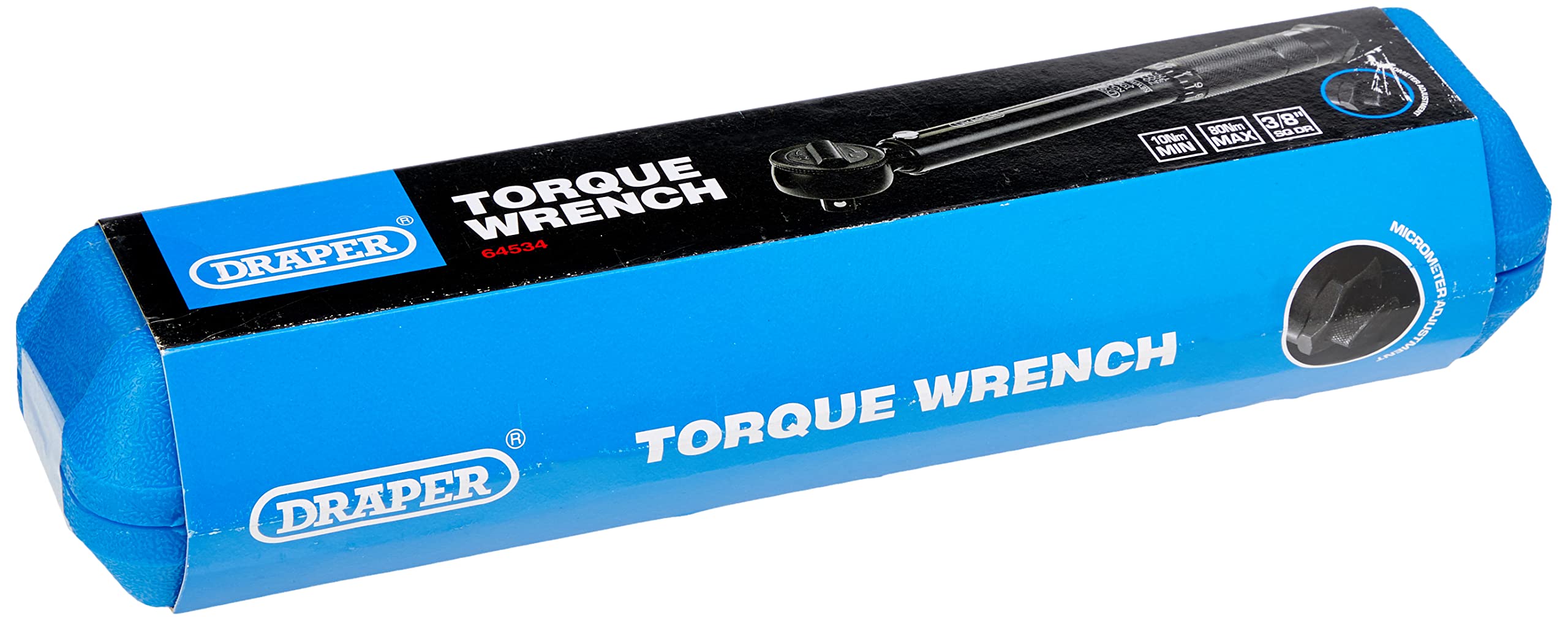 Draper BTW 3/8" Square Drive Torque Wrench | Micrometre Reversible Hand Tool | 10Nm-80Nm Mechanics Car Tools | Professional Blow Mould Storage Case | 64534, Blue