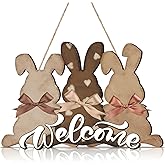 Barydat Easter Wreaths for Front Door Bunny Welcome Wood Sign Door Hanger Spring Decorations Easter Hanging Plaque Rabbit Sign for Home Shop Garden Decorations