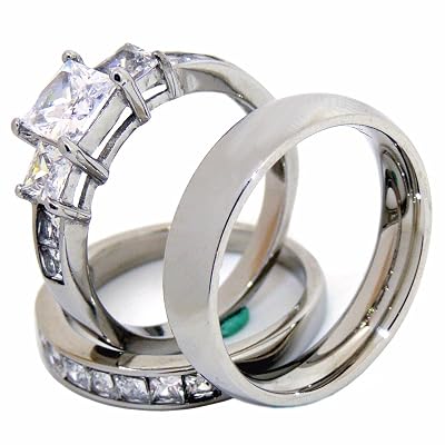 Couples Wedding Ring Set His & Hers - 3 Stone CZ Engagement Set & Matching Stainless Steel Band - View #3