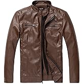 WULFUL Men's Stand Collar Leather Jacket Motorcycle Lightweight Faux Leather Outwear