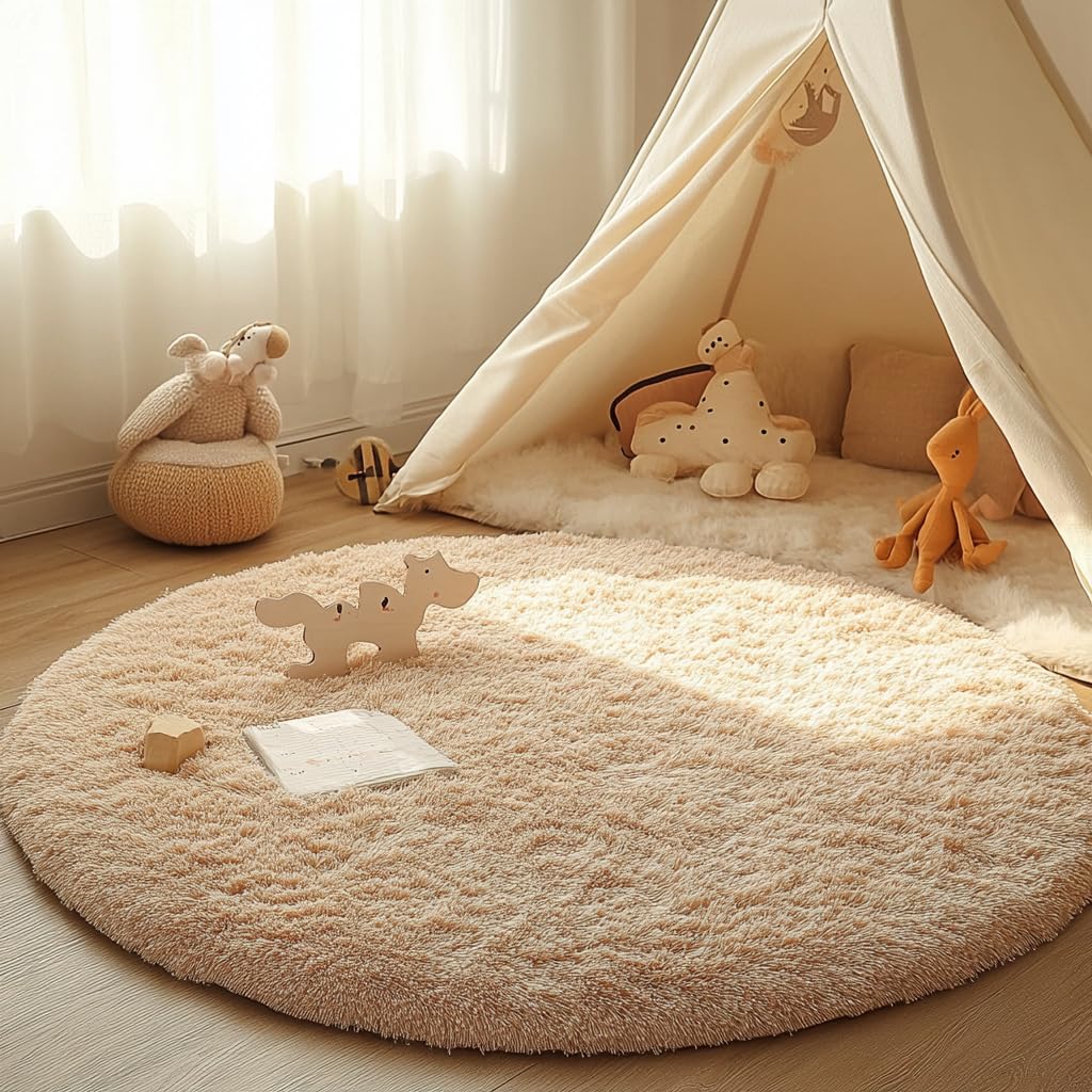Tenekee Round Rugs for Bedrooms Fluffy Living Room Circle Area Rug Soft Shaggy Carpet for Kids Room Floor Mat (Khaki, 160cm)