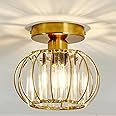 YYJLX Crystal Semi Flush Mount Ceiling Light Fixture E26 Mini Antique Gold Chandelier Small Ceiling Lamp for Entryway Bedroom Bathroom Hallway Closet Foyer