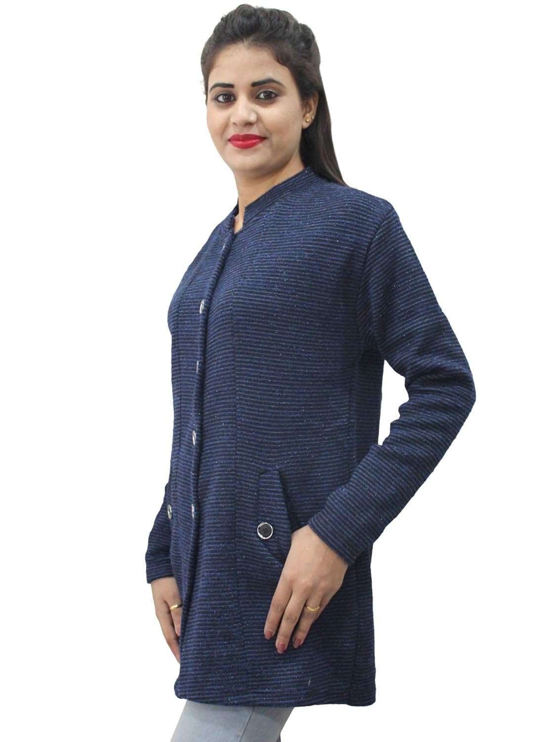 matelco womens woollen grey stripes buttoned cardigan/coat with pockets