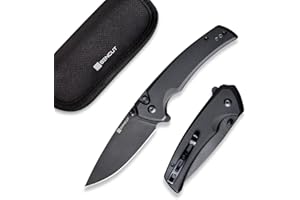 SENCUT Button Lock Pocket Knife for EDC, Serene Folding Knife, Thumb Stud & Flipper Opener, Aluminum Handle with 3.48" D2 Black Stonewashed Blade for Outdoor, Camping, Hunting S21022B-1 (Black)
