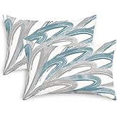 CaliTime Throw Pillow Cases Pack of 2 Cozy Fleece Two-Tone Abstract Feather Decorative Cushion Covers for Couch Bed Sofa Farmhouse Decoration 12 X 20 Inches Smoke Blue Grey