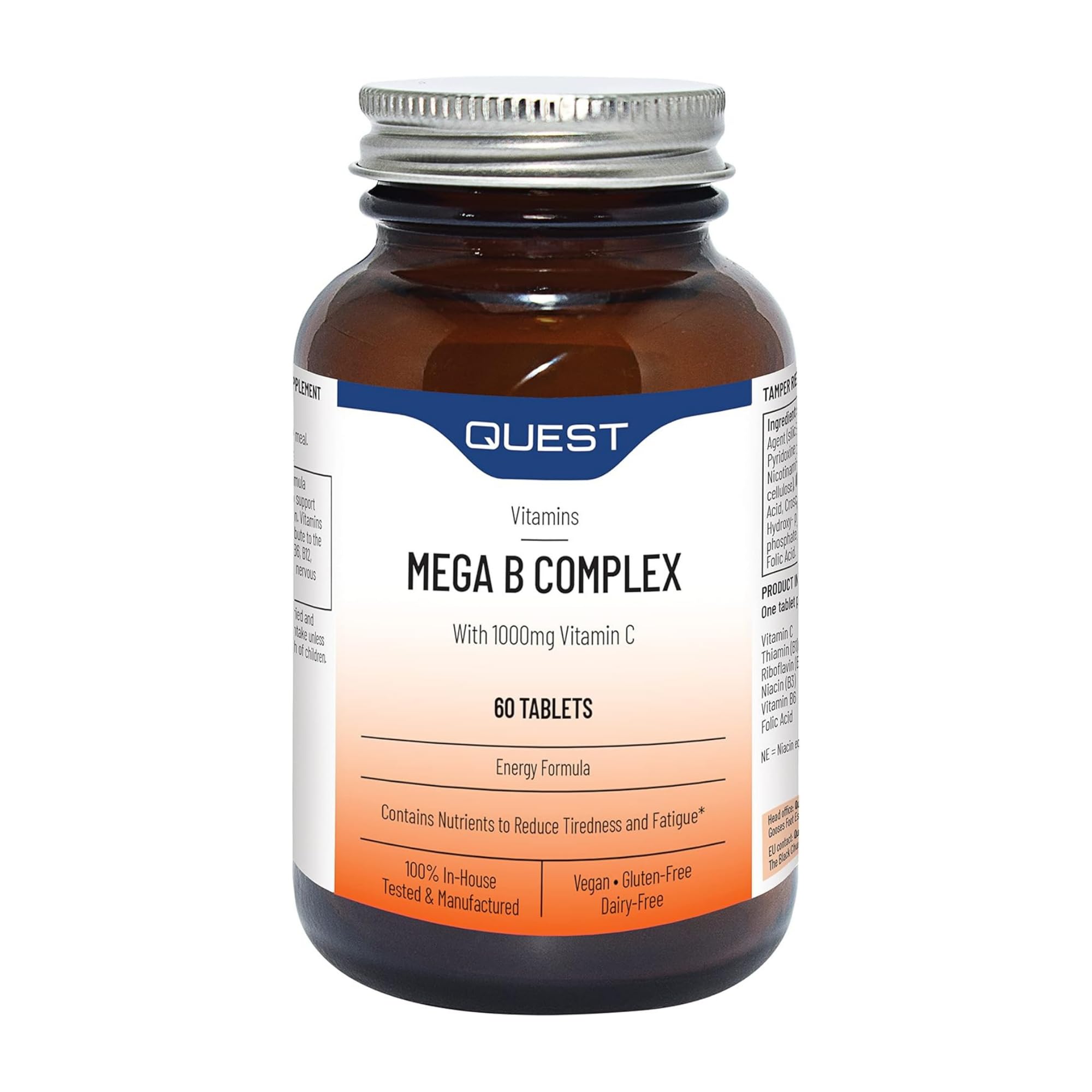 Quest - 30x Mega Vitamin B Complex Tablets. High Strength Vitamin B1-B2-B3-B6-B12, Biotin & C Supports Energy Production, Stress Response, Immune System & Brain Function (1 Pack)