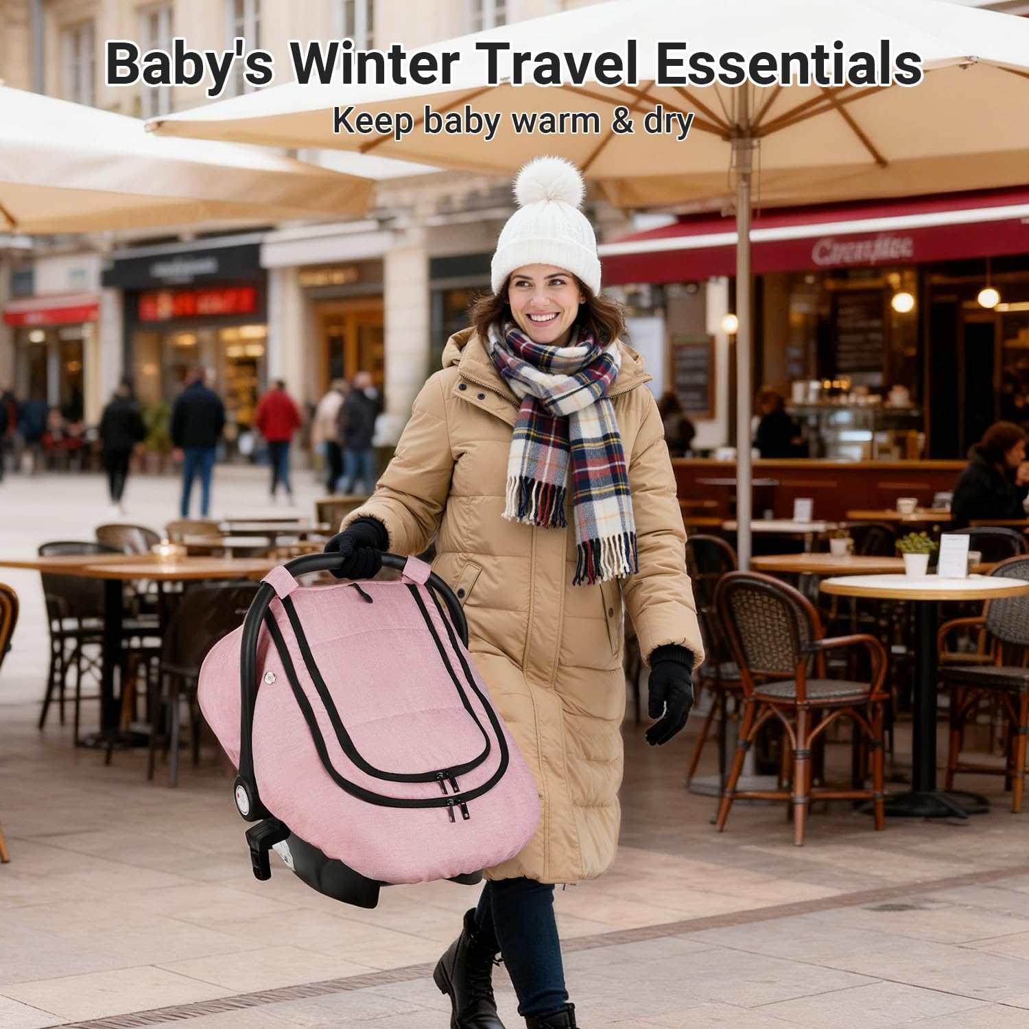 Rquite Car Seat Cover Baby, Winter Carseat Covers Boy Girl, Waterproof Infant Car Seat Cover Warm Car Seat Canopy for Cold Weather, Windproof Baby Carrier/Stroller Cover with 2 Layers Windows, Pink