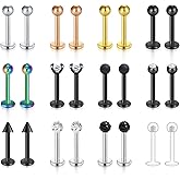 Mayhoop 16G 24Pcs Stainless Steel Labret Studs Lip Rings Retainer Cartilage Tragus Helix Earring Barbell Medusa Piercing Jewelry with Clear Diamond CZ 8mm Bar Length for Women Men