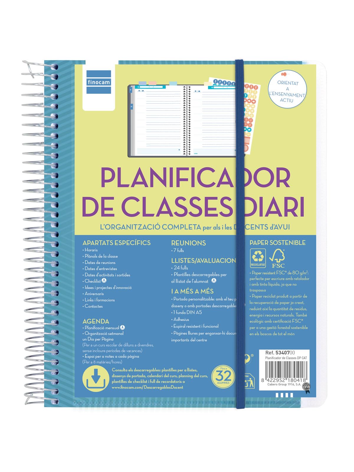 Finocam - Daily Teaching Planner | 1 Day Per Page | Organizes up to 8 Hours | Includes Assessment Sheets and Meetings | with Stickers and Cover DIN A5 | Customisable, 4º, Medium | Catalan