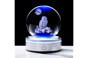 Arikyrist 3.15in. 3D Owl Crystal Ball Gifts for Women Girlfriend, K9 Crystal Decorative Ball Engraved Owl Figurine Paperweight with LED Light Base for Home Office Decoration for Birthday Christmas