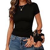 Evervibe Women Built-in Bra Short Sleeve Shirts Crewneck T-Shirt Slim Fit Going Out Tops Casual Summer Basic Tees