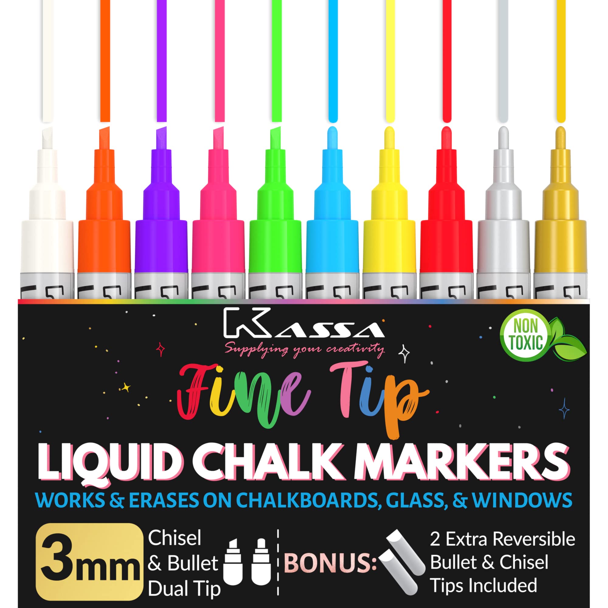 Kassa Liquid Chalk Markers Fine Tip (10 Pack 3mm) - Chalkboard Markers Erasable - Gold & Silver Included - Wet Erase Markers for Glass Blackboard Windows - Chalk Pens Include Dual Chisel & Bullet Tip
