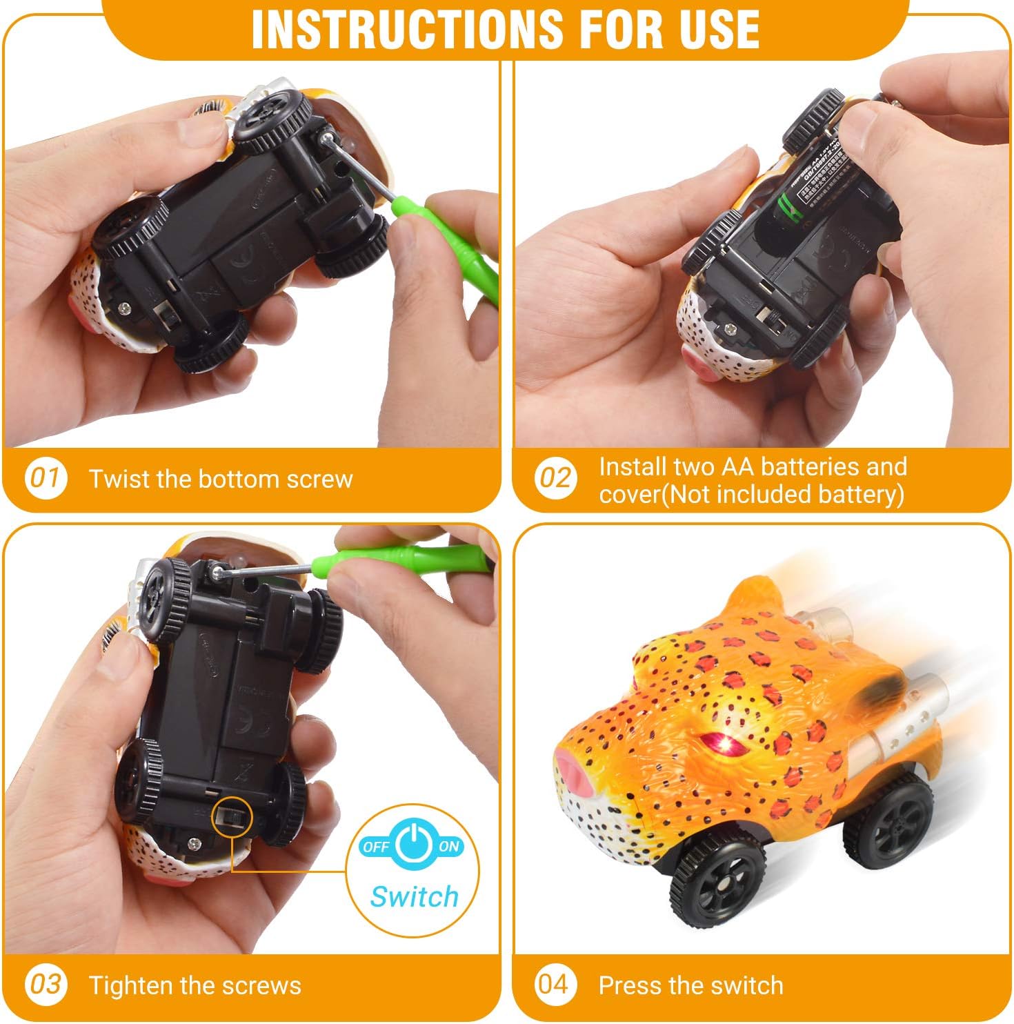Unicorn Tracks Cars Replacement, Glow in The Dark Toy Cars for Kids 4pack with 3 Flashing LED Lights, Orange, 5*2.4*8.3 inches - Image 5