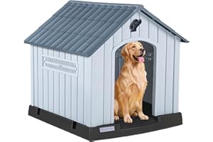 LEMBERI Large Plastic Dog House for Medium Large Dogs, Durable Waterproof Indoor Outdoor Doghouse with Air Vents and Elevated Floor, Easy to Assemble (Gray, 40" L x 37.2" W x 40" H)