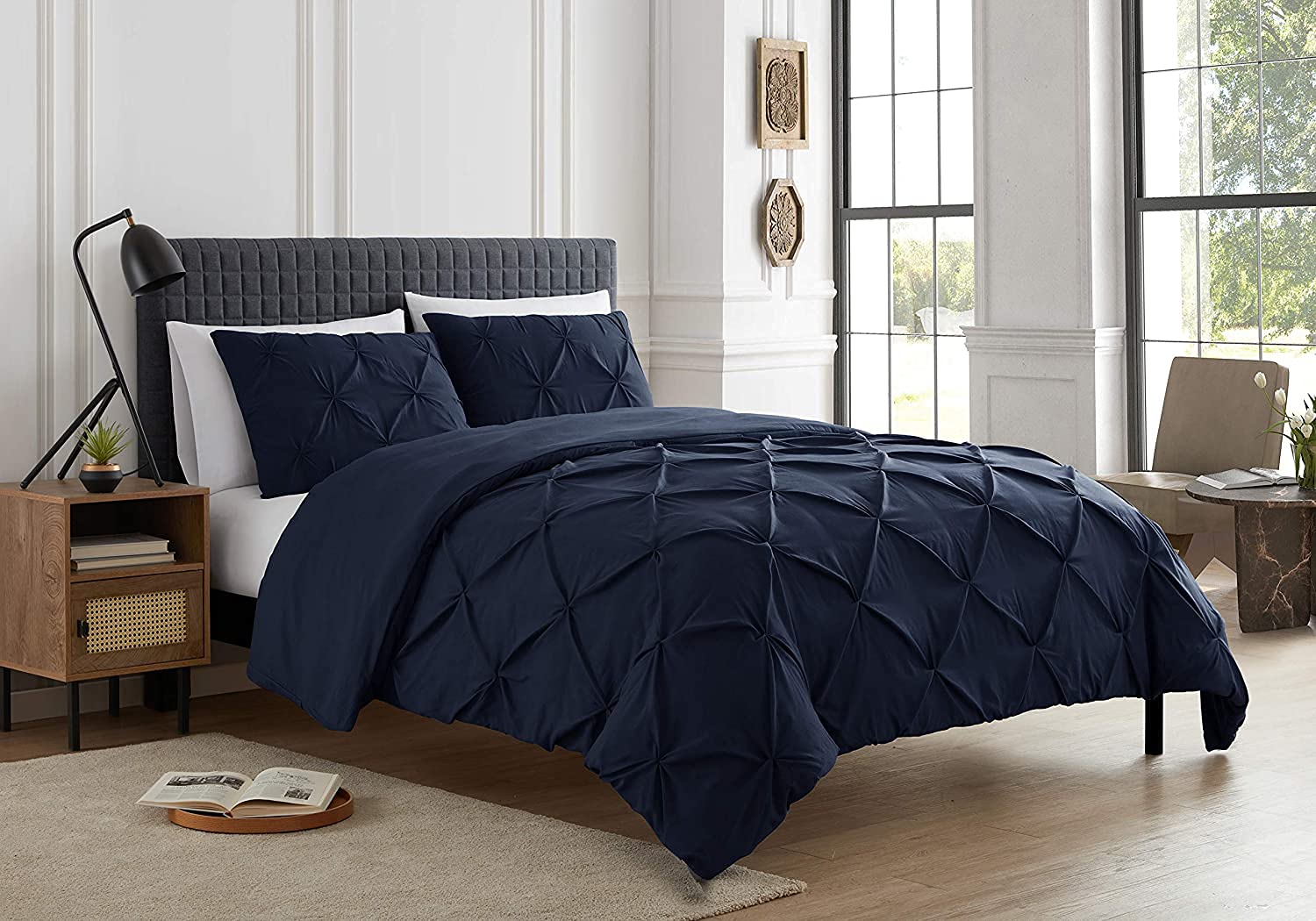 SeventhStitch Pintuck Duvet Cover Set with Pillowcases 100% Cotton Quilt Covers Bedding Bed Set Single Double King Super King Size (Navy, Super King)
