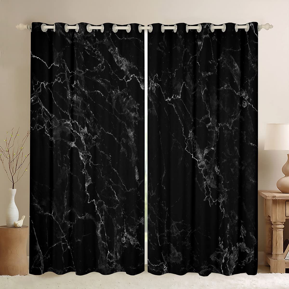 Loussiesd Black Marble Curtains for Bedroom Living Room Aesthetic Darkening Drapes Retro Watercolor Artwork Curtains for Boys Room Abstract Window Treatments W46*L54