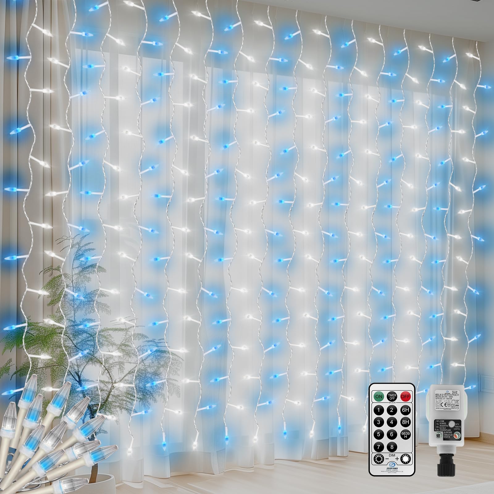 CERIAL 4M X 2M Curtain Lights Christmas Fairy Lights Plug in,300LED Diamond Shape Backdrop Window Curtain Lights for Room,Hanging Waterfall Icicle Light,Waterproof,Connectable for Xmas(Blue+White)