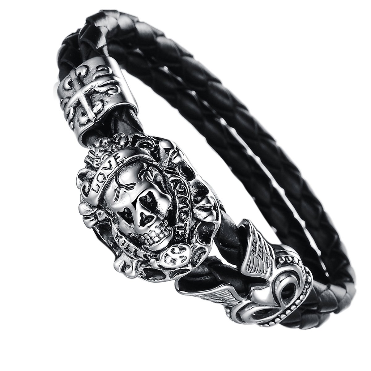 JewelryWe Men's Stainless Steel Braided Leather Love Bracelet Bangle Cuff Silver Black Skull Gothic Cross, Birthday (with Gift Bag) — image 1