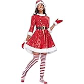 ABALAGU Mrs Claus Costume for Women 5PCS Adult Miss Santa Clause Sequin Dress Outfit Suit with Hat Belt High Socks Gloves