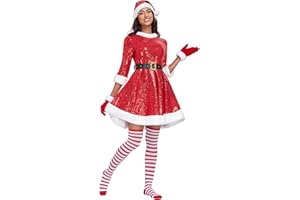 ABALAGU Mrs Claus Costume for Women 5PCS Adult Miss Santa Clause Sequin Dress Outfit Suit with Hat Belt High Socks Gloves