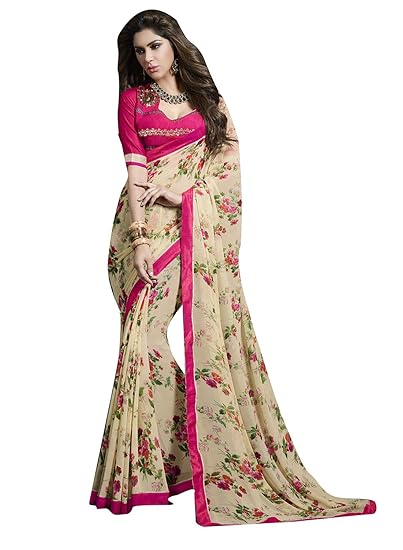 Womens Georgette Saree With Unstitched Blouse Piece (SP8-7502_Cream)
