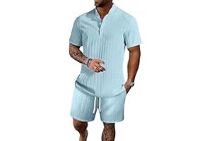 BEALIN Men's Summer Beach Outfits 2 Piece Vintage Short Sleeve Henley Shirts and Shorts Vacation Texture Sets for Men