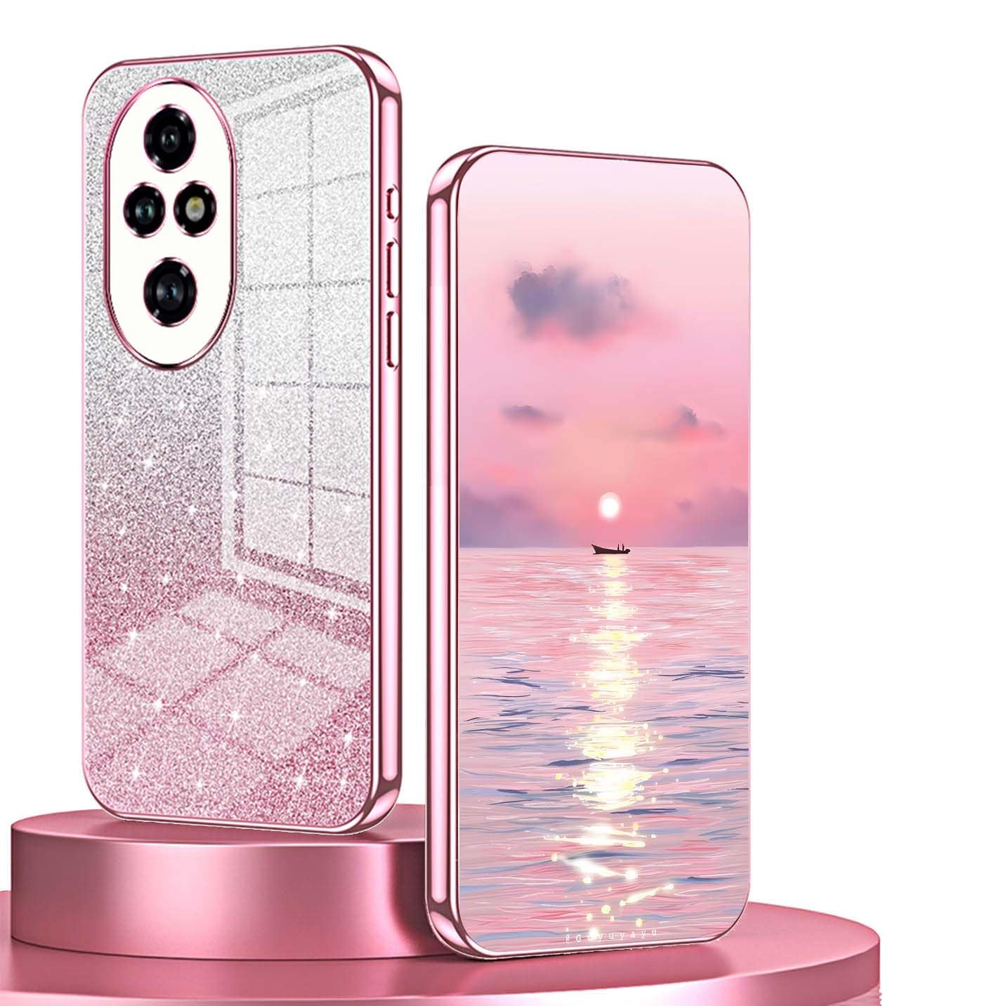 BORYA Case for Honor 200 Pro, Ultra Thin Shockproof Premium Silicone Soft TPU Elegant Luxury Electroplated Edge Anti-Drop Cover with Gradient Shiny Card, Pink